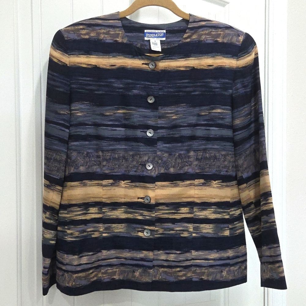 Pendleton Womans 100% Silk Colarless Dress Jacket, Shoulder Pads, Size 8
